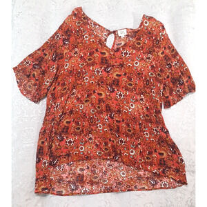 Born Famous Womens Blouse Brown Floral Crinkled Rayon Plus Sz 2X Top Boho
